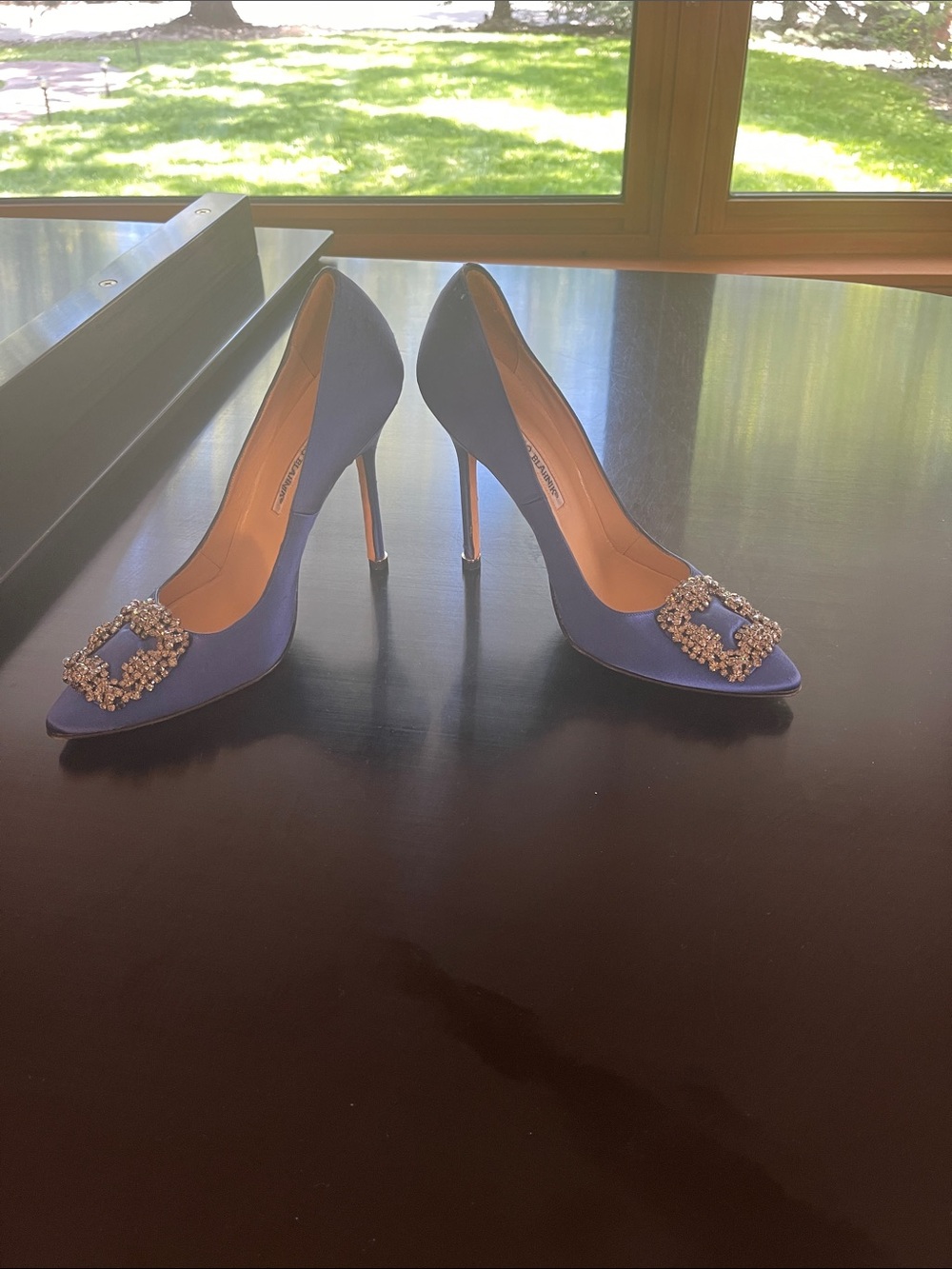 Manolo Blahnik Royal Blue Satin Pointed Toe Pumps with Crystal Buckle - Picture 11 of 11